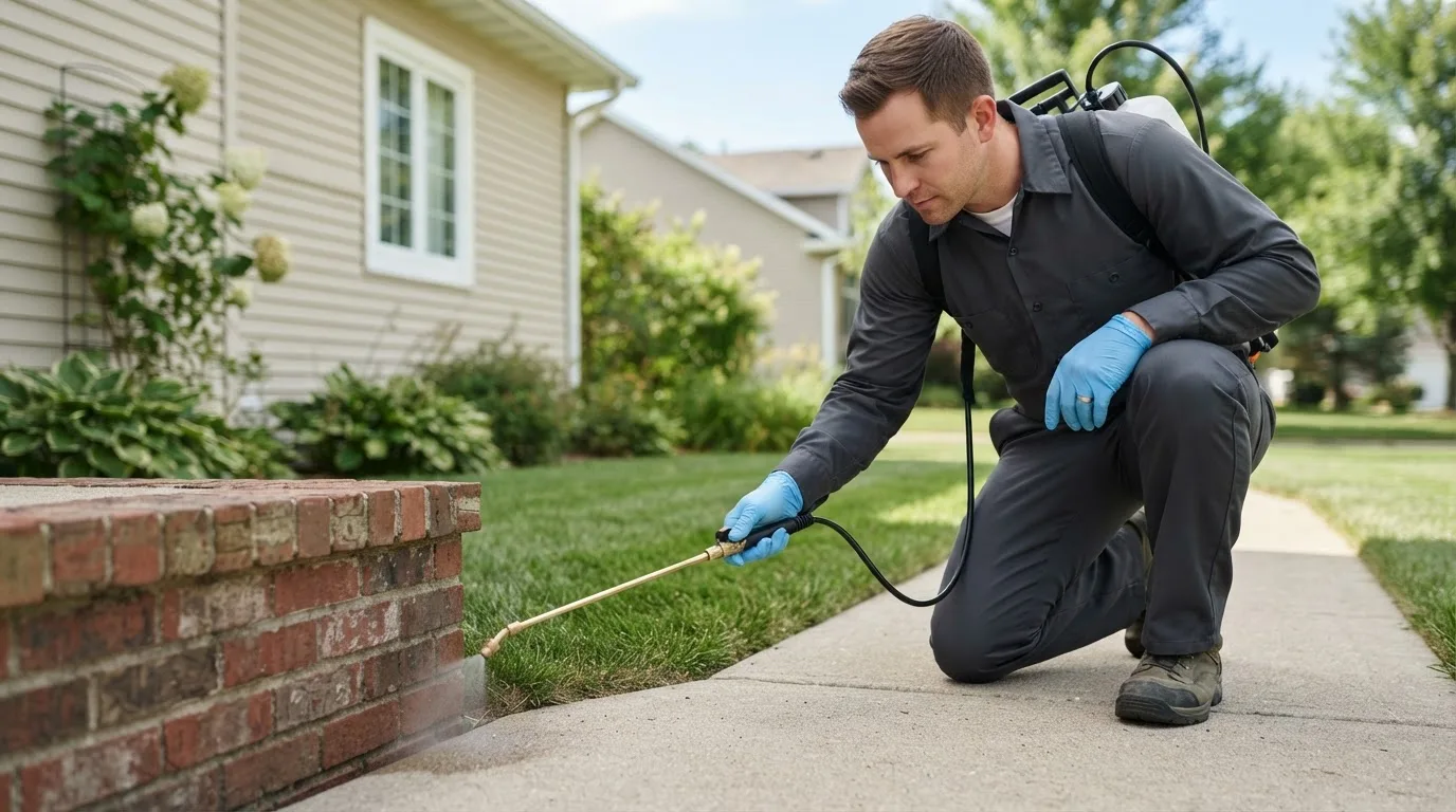 Pest control technician treating a home near Truesdale, MO