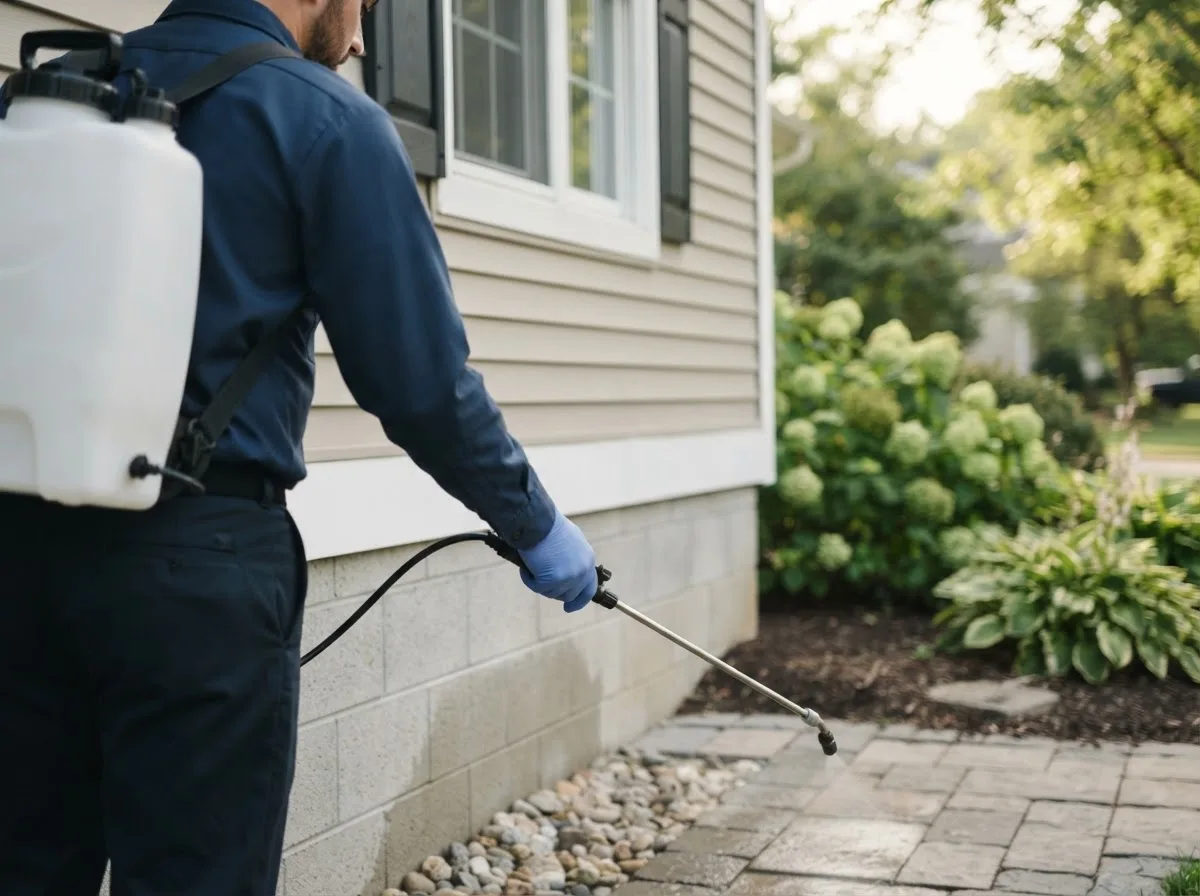 Pest control technician inspecting a home in Truesdale, MO